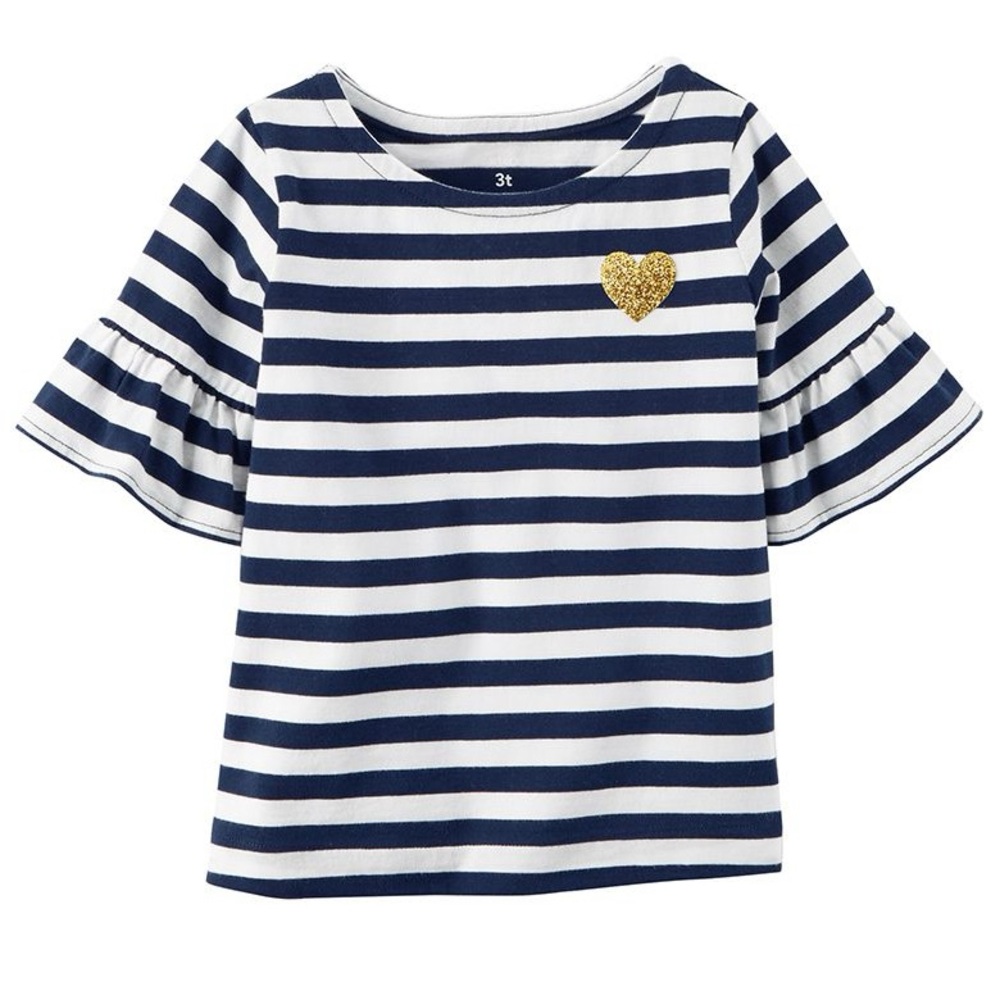 Carters Blue/White Striped Bell Sleeve Appliqué Gold Heart Shirt Size 5